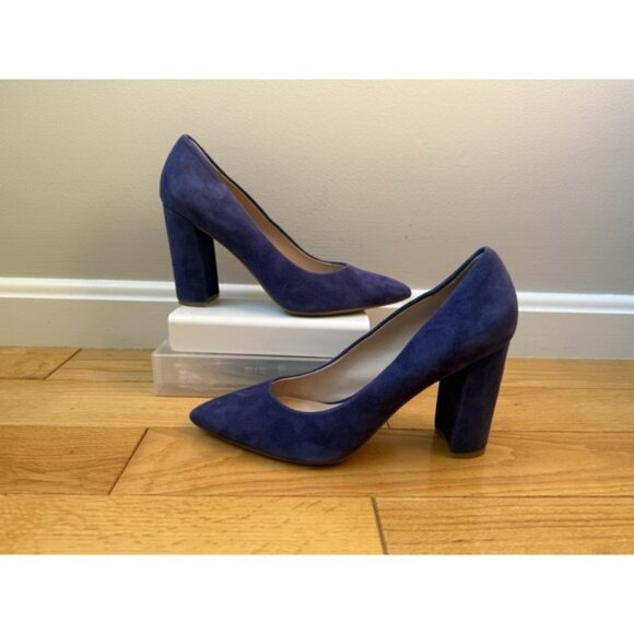 Nine West Size 7M Astoria Blue Suede Pumps Pointed Toe Block Heel Classic Shoes - Picture 1 of 14
